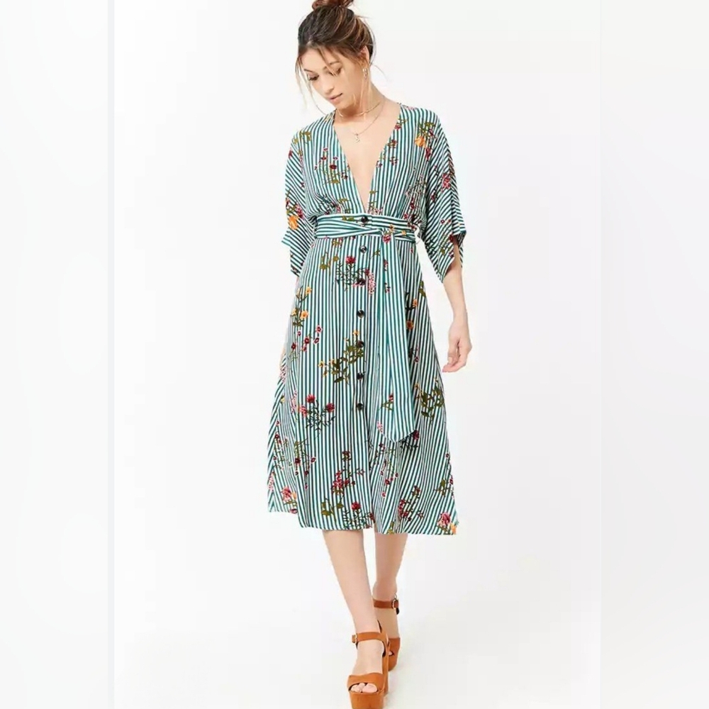 Boho Chic Floral Green Striped Midi Dress - Deep V- Neck- Button Up Front